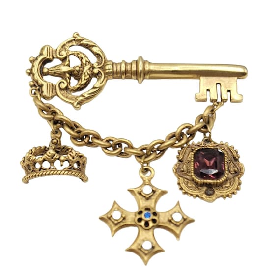 Gold Tone Skeleton Key Crown Maltese Cross Square Charm Chatelaine Dangle Brooch N2