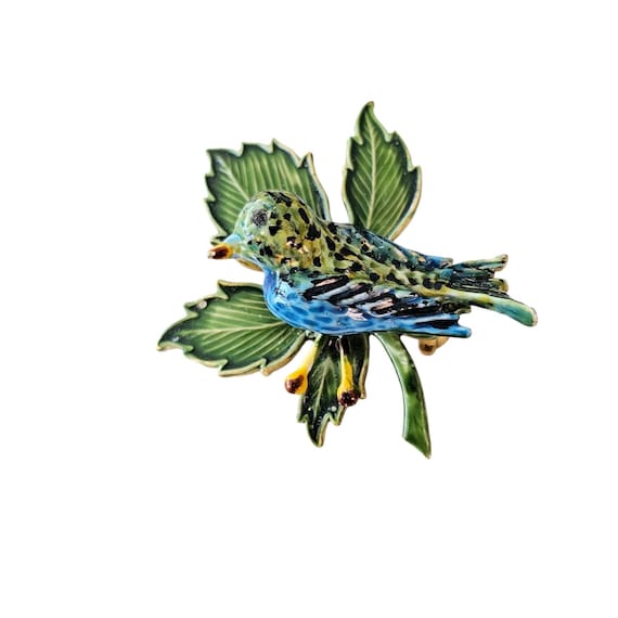 Original By Robert Blue Bird On Leaf Brooch, Green Enamel Pin, Signed