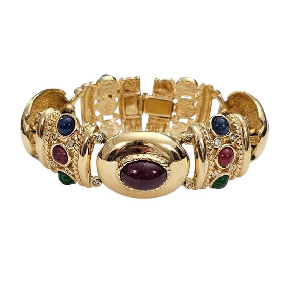 Gold Tone Mogul Designer Style Glass Cab Chunky Link Bracelet Tongue Clasp, J54