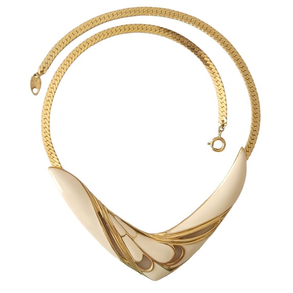 Trifari Gold Tone Off White Enamel Festoon, Collar Fox Chain Choker Necklace, Signed E497