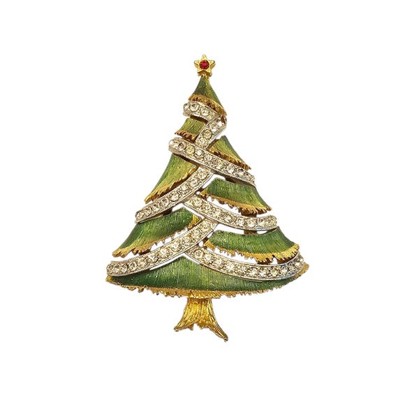 JJ Jonette Christmas Tree Brooch, Green Enamel Clear Rhinestone Pin, Signed