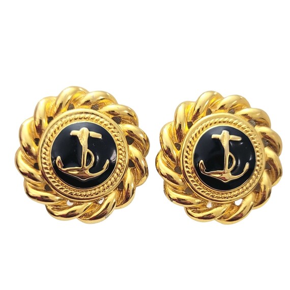 Gold Tone Navy Blue Enamel Anchor Rope Designer Style Clip-On Earrings K310