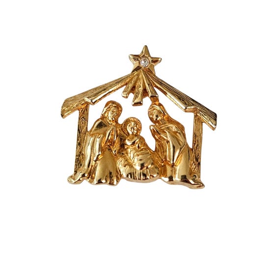 Gold Tone Nativity Scene Pin, Rhinestone Star Lapel