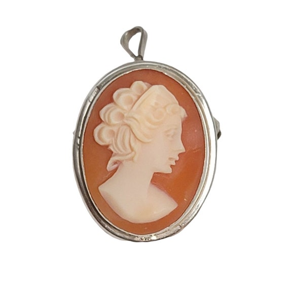 Silver Shell Cameo Brooch Pendant, Signed
