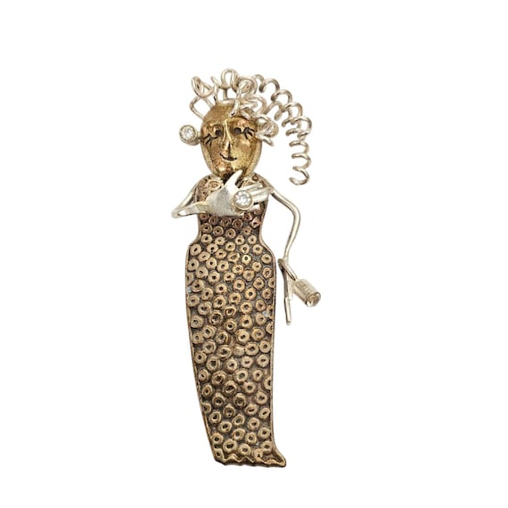 Sharon Seggi Sterling, Mixed Metals Modernist Whimsical Curly Hair Lady Brooch Signed