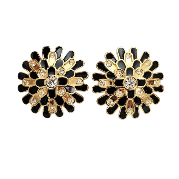 Swarovski Clip On Flower Cross Clear Rhinestone Black Enamel Earrings C718