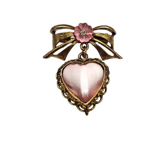 1928 Brand Bow Bar Brooch Pink Flower Heart Lucite Charm Dangle Pin C844