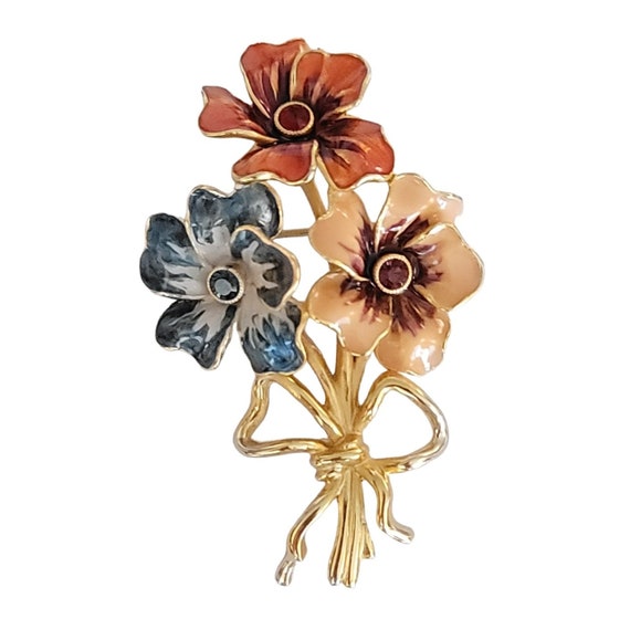 Joan Rivers Orange Red, Blue Enamel Rhinestone Flower Bunch Brooch, Signed K72
