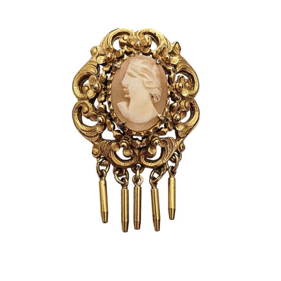 Florenza Gold Tone Cameo Brooch Dangle Pin Pendant, Signed L869