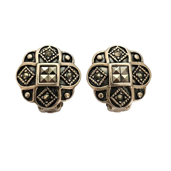 Sterling Silver Clip-On Earrings Cross Flower, Marcasites