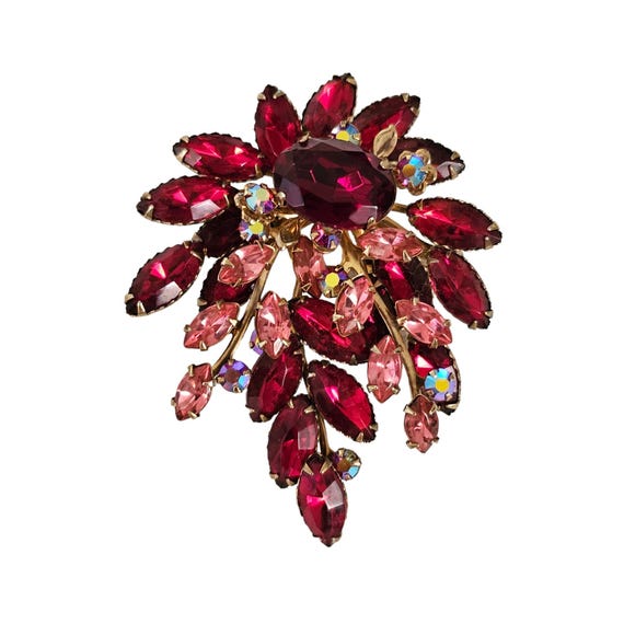 Red Prong Set Rhinestone Swag Cluster Brooch Pin L292
