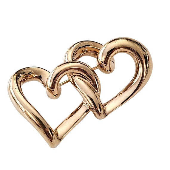 14K Yellow Gold Puffy Hearts Brooch Two Hearts Entwined Pin