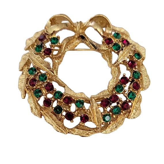 Eisenberg Ice Gold Tone Red Green Rhinestone Christmas Wreath Brooch, Signed