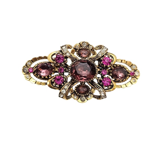 ART Arthur Pepper Pink Purple Brooch Rhinestone Ribbon Cross Style Pin, Signed