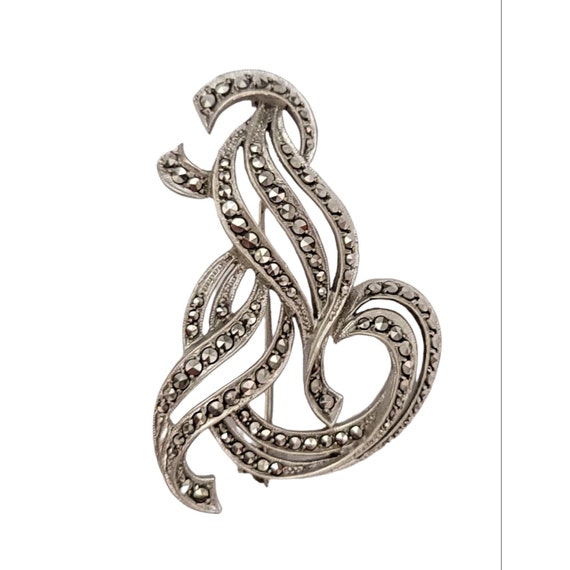 Sterling Silver Marcasite Ribbon Open Plume Brooch Pin K219