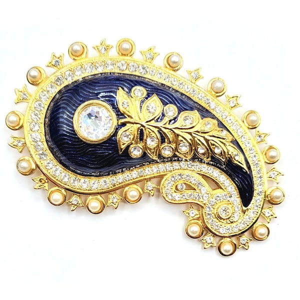 Edgar Berebi Blue Guilloche Enamel, Rhinestone Paisley Brooch, Limited Ed. Signed