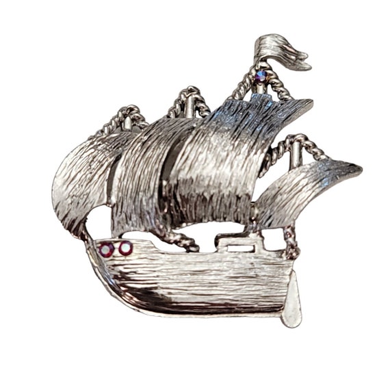 Dodds Silver Tone Rhinestone Schooner Ship, Sails Brooch, Signed E995