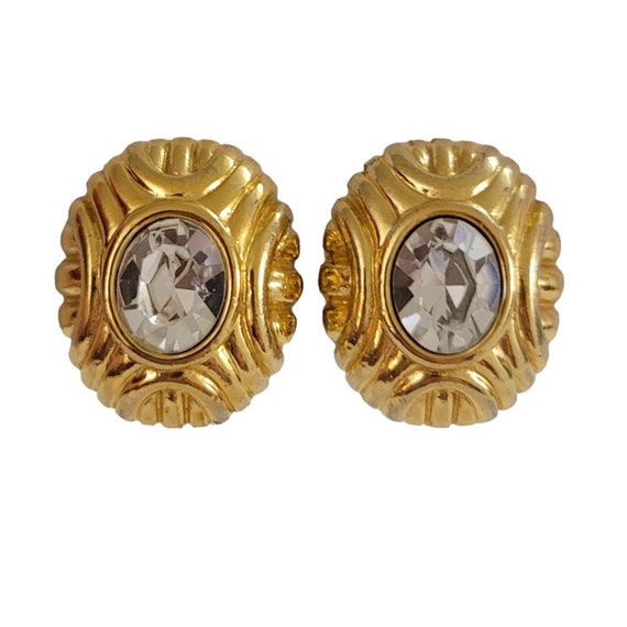 Monet Gold Tone Oval Clear Glass Rhinestone Center Clip-On Earrings, Signed K987