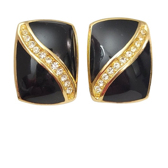 Christian Dior Gold Tone Black Enamel & Clear Rhinestone Clip On Earrings, Signed