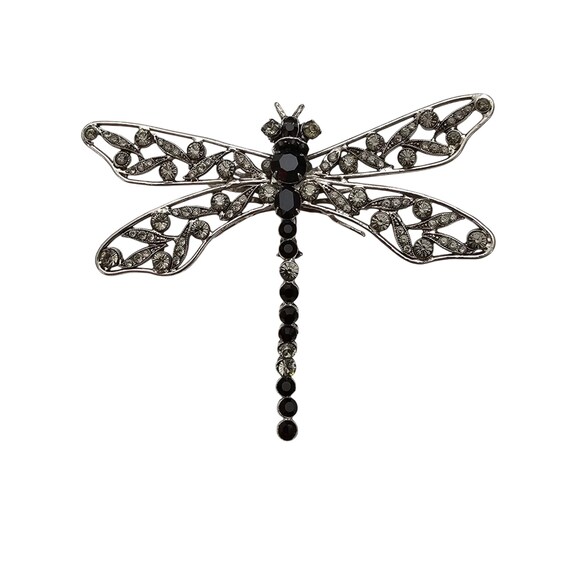 Simon Ju Dragonfly Brooch Black, Smoky Rhinestone Statement Pin Signed J510