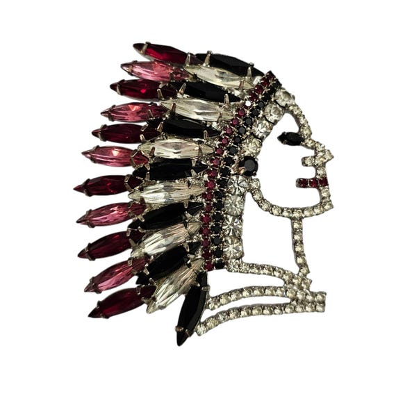 Nancy Katz Tribal Chief Native American Vintage Brooch Rhinestone Pin, Signed