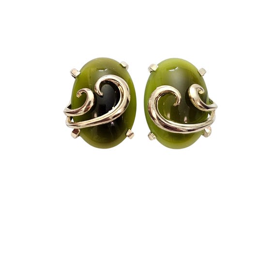 Whiting & Davis Two-Tone Green Oval Glass Cab Clip-On Earrings Signed, C875