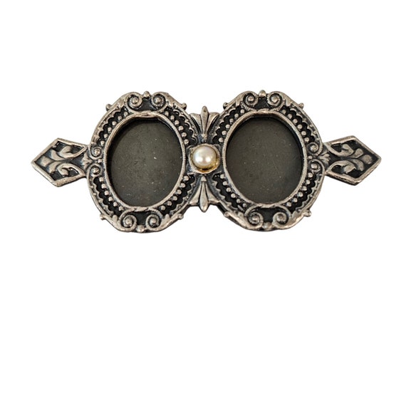 Pewter Double Oval Photo Holder Brooch Pin, L139