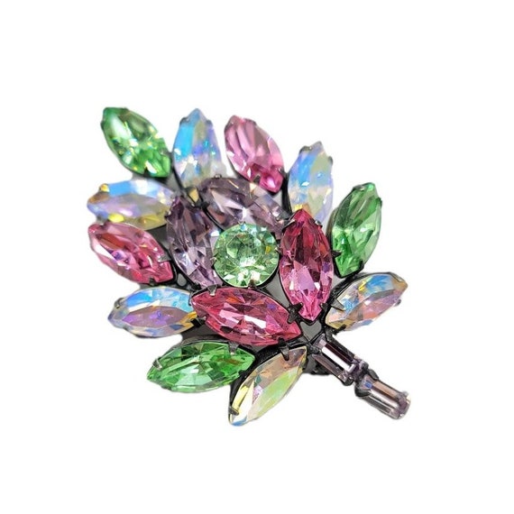 Regency Silvertone Multi Color AB Prong Set Rhinestone Leaf Brooch