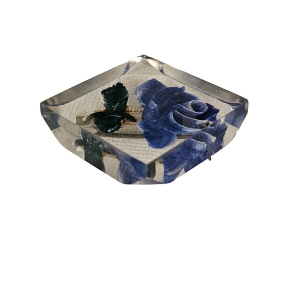 Clear Lucite Reverse Carved Square Blue Rose Broo… - image 4