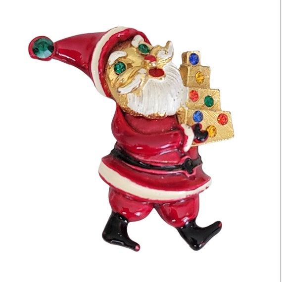 Red Enamel Multi Color Rhinestone Santa Brooch Pin K375