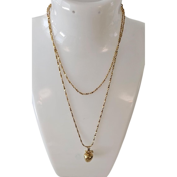 Monet Vintage Apple Charm Necklace, Sister Clasp Gold Tone Chain 24" Long Signed