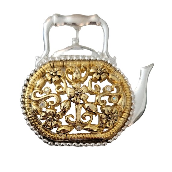 Vintage Silver Tone and Gold Tone Clear Rhinestone Flower Filigree Teapot Brooch E860