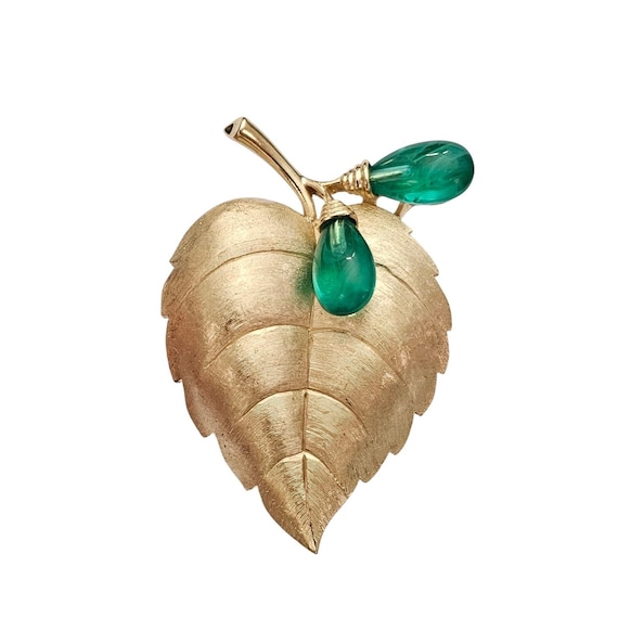 Trifari Rare Flawed Lampwork Glass Berries Brushed Gold Tone Leaf Brooch, C811