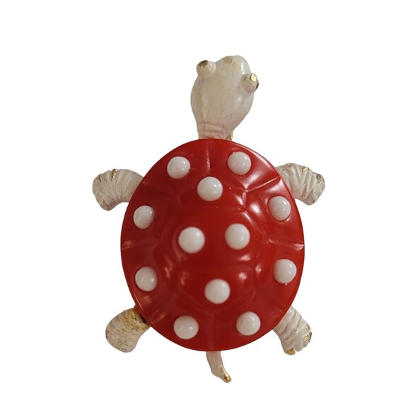 Trifari Vintage Rare White Enamel Red Lucite Turtle Brooch, Signed K959