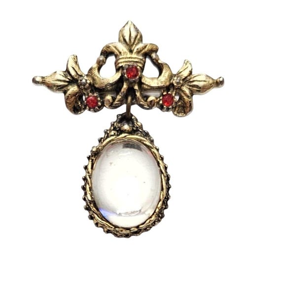 Gold Tone Vintage Fleur De Lis Red Clear Rhinestone Bar Brooch Oval Dangle Pin