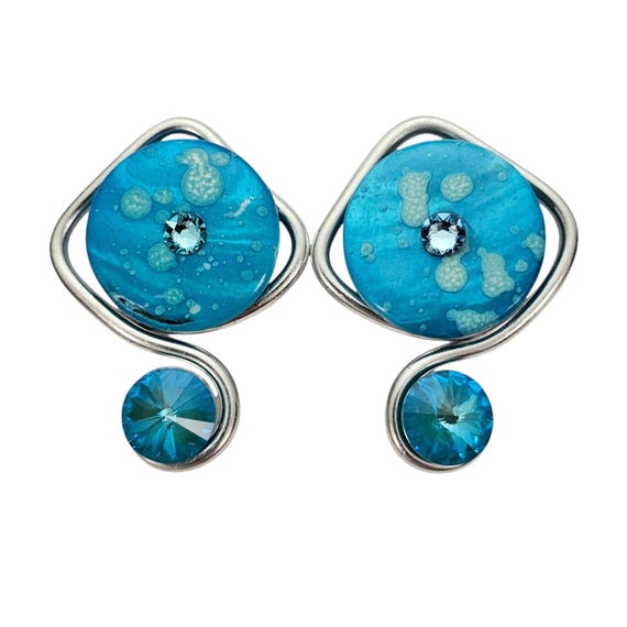 Jeff Lieb Blue Flat Bead Modern Clip On Earrings Rivoli Rhinestone, Signed