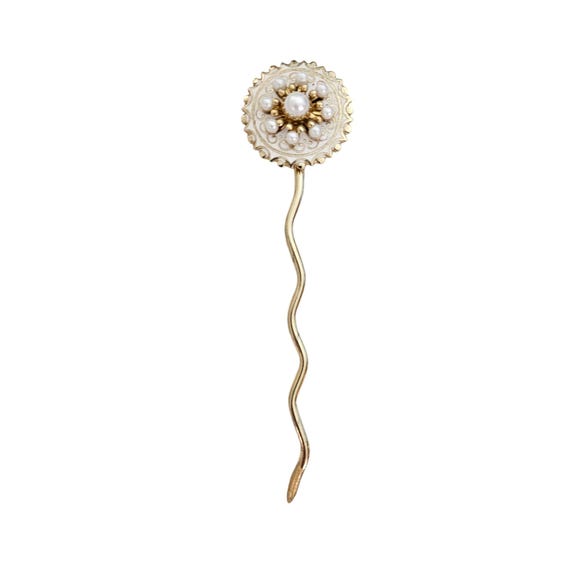 Faux Pearl Vintage Round White Enamel Wavy Hair Stick Pin L631