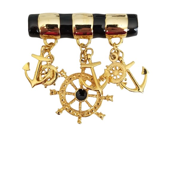 Gold Tone Black Stripe Enamel Nautical Ships Wheel Anchor Charm Bar Brooch, M174
