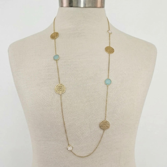 Sterling Chain Gold Vermeil Coin Blue, Clear Caged Gemstone Necklace J546