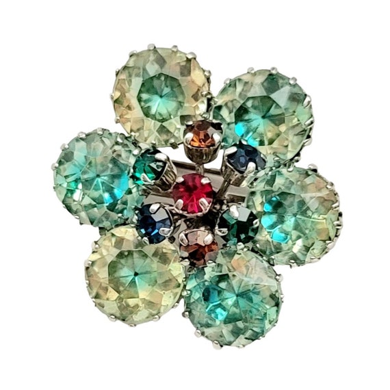 Austria Silver Tone Green Yellow Givre Rhinestone Cluster Brooch,  Signed