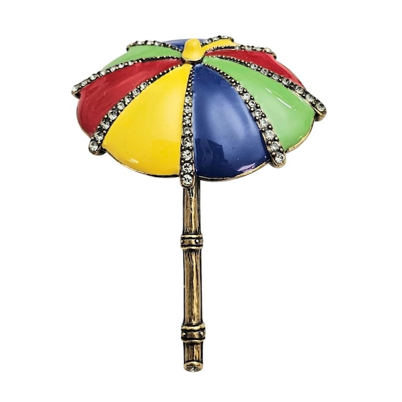 Heidi Daus Umbrella Brooch Red Blue Green Enamel Clear Rhinestone Pin J345