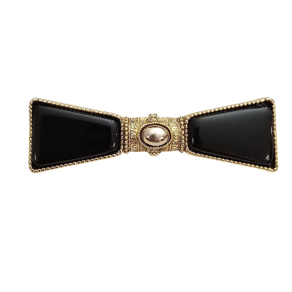 1928 Brand Victorian Style Black Keystone Glass Brooch Ornate Elegant Pin J301