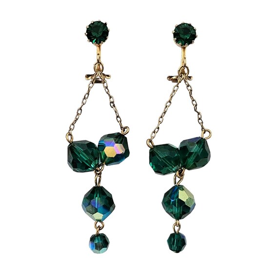 Gold Tone Blue Green AB Glass Bead Dangle Clip-On Earrings, L44