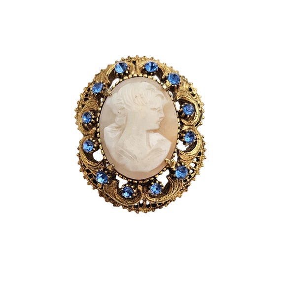 Florenza Shell Carved Cameo Brooch Blue Rhinestone Oval Pin Pendant Signed J377
