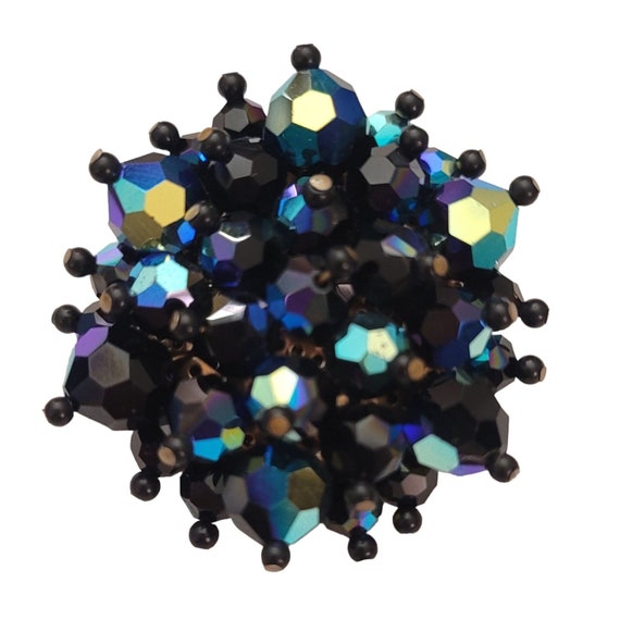 Black & Blue AB Glass Beaded Round Cluster Brooch Pin E530