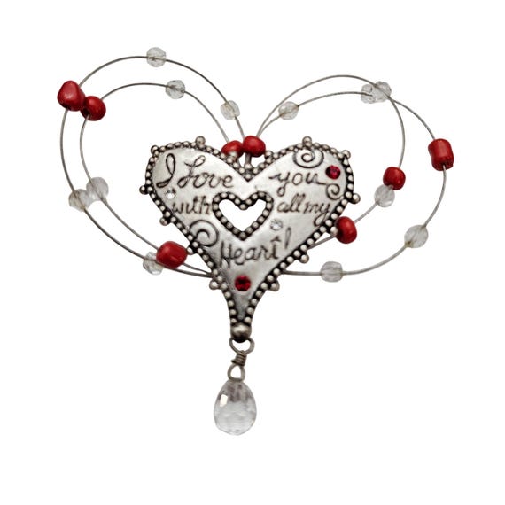 Chico's Heart Brooch Beaded I Love Crystal Dangle Pin Signed, C821