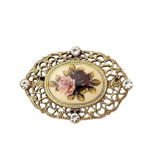 1928 Brand Oval Pink Purple Roses Brooch Gold Tone Filigree Rhinestone Pin C679