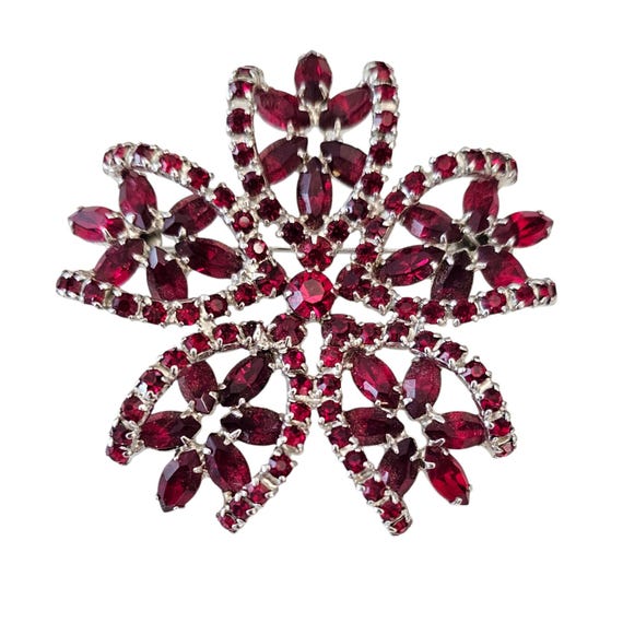 Red Rhinestone Star Flower Brooch Prong Set Pin, J71