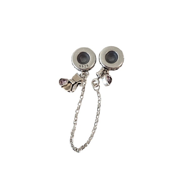 Sterling Silver Crystal Pink Hearts, Cat Slider Safety Chain Charm Duo L83
