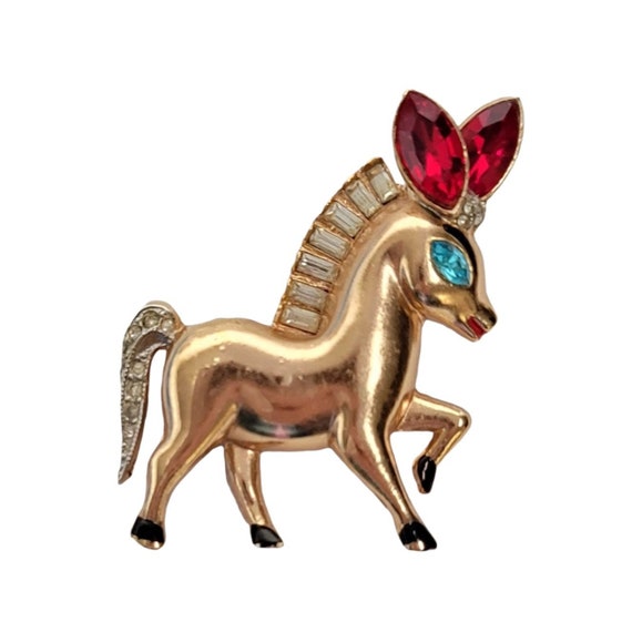 Coro Gold-Tone Pave Red Rubies Clear Baguettes Rare 'Dancing Donkey' Brooch, Signed
